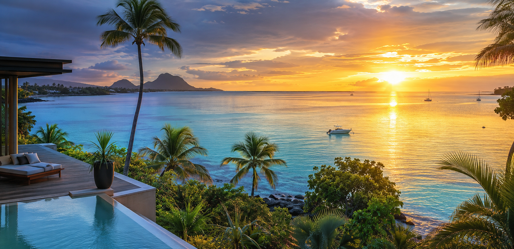 Luxusvilla mit Pool und Meerblick bei Sonnenuntergang, Mauritius