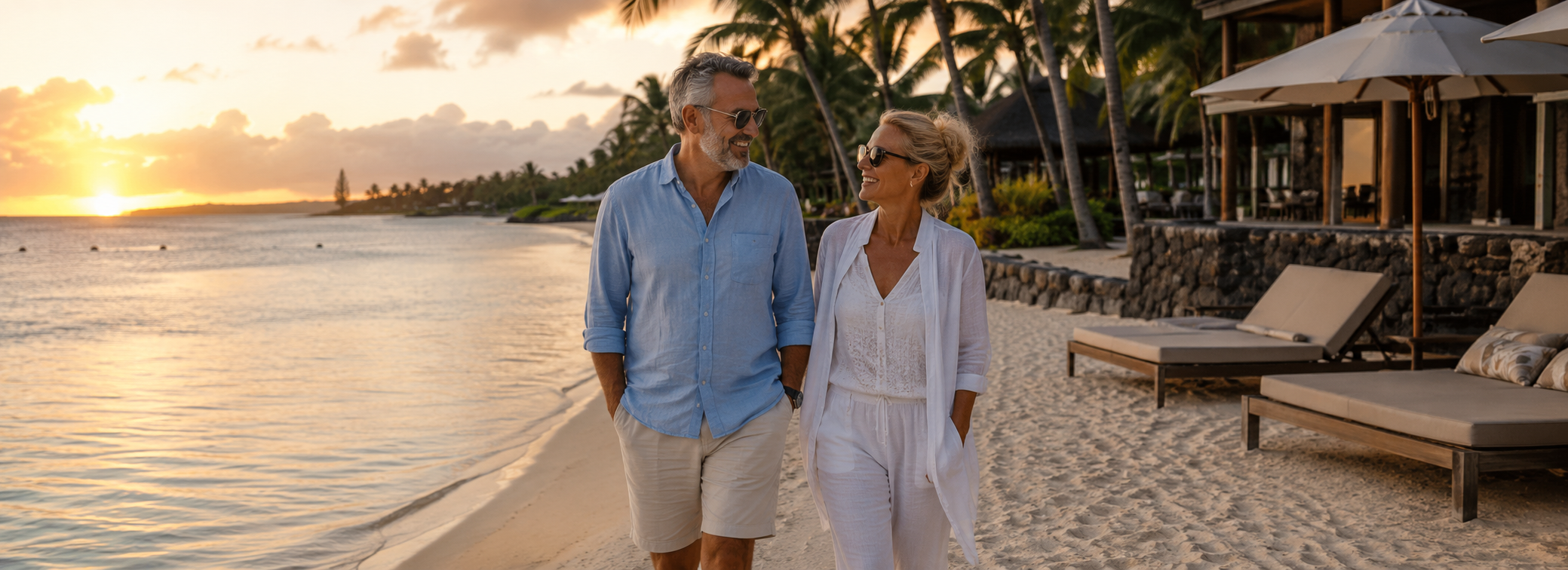 Paar 50+ beim Strandspaziergang bei Sonnenuntergang, Mauritius